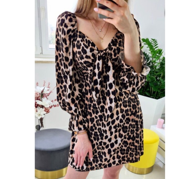 1 Left M🌹HP🌹Leopard Print Sweetheart Neck Exaggerated Puff Sleeve Babydoll Dress - Picture 4 of 6